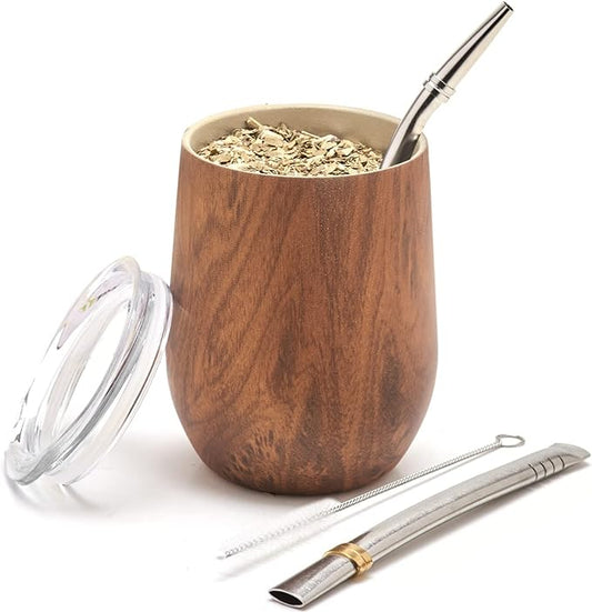 BALIBETOV 5-Piece Large Yerba Mate Cup and Bombilla Kit – Yerba Mate Gourd with Lid, 2 Bombilla Mate Straws, Cleaning Brush, Double-Wall Stainless Steel Mate Cup Set