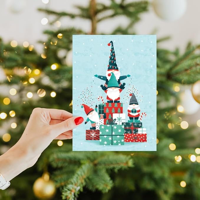 Tree-Free Greetings - Happy Holidays Greeting Cards - Artful Designs - 12 Cards + Matching Envelopes - Made in USA - 100% Recycled Paper - 5"x7" - Gnomes Piled High (HP60617)