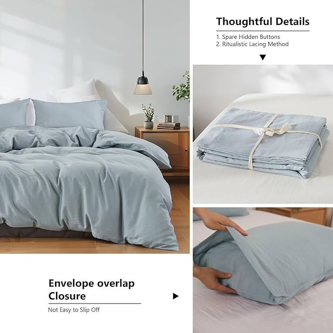 FALUCA French Linen Blend Duvet Cover Set 3Pcs King (104"x92") - Soft, Breathable, Cooling Farmhouse Bedding for Hot Sleeper (King, Dusty Blue)