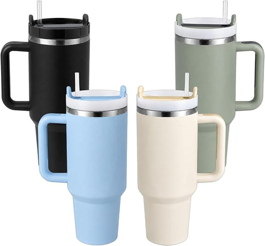 Pandance 4 Pack 40 oz Tumbler with Handle and Straw Bulk, Neutral Mix | Stainless Steel Vacuum Insulated Travel Mug, Sturdy Screw-on lid, Cup Holder Friendly, Large Capacity Cup For Iced Coffee