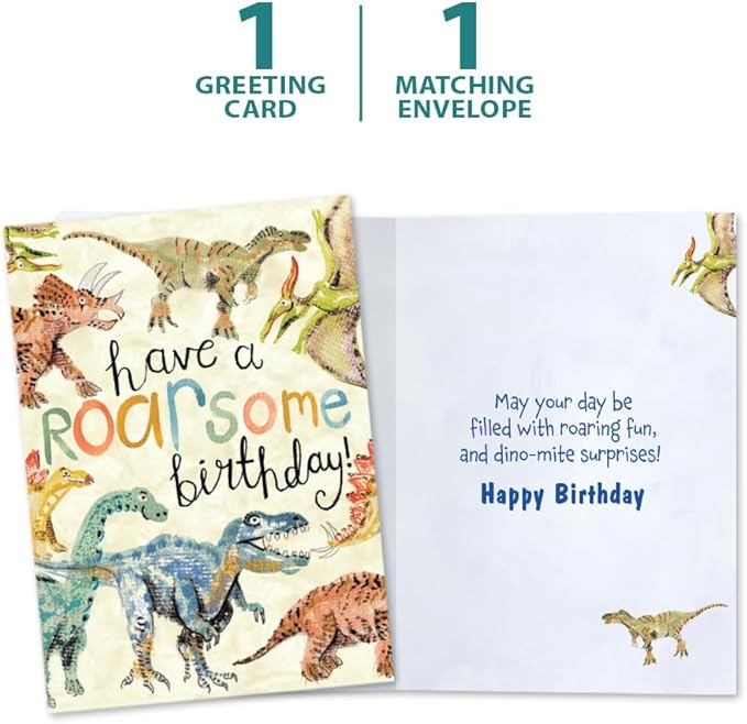 Tree-Free Greetings - Birthday Card - Artful Designs - 1 Greeting Card + Matching Envelope - Made in USA - 100% Recycled Paper - 5 x 7 - Roarsome Dinosaurs (GO69957)