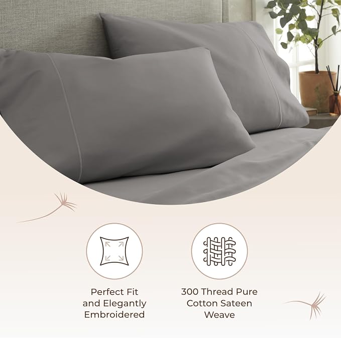 100% Organic Cotton Pillow Cases Queen Size Set of 2-100% Cotton Pillowcases GOTS Certified 300 Thread Count - Naturally Cooling Comfortable Breathable & Soft Pillow Cases (Stone, Queen)