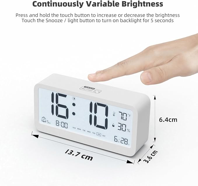 Digital Alarm Clock Battery Powered with Date | Indoor Temperature | Humidity | LCD Display | Dual Alarms | Snooze and Backlight Desk Small Clock (White)