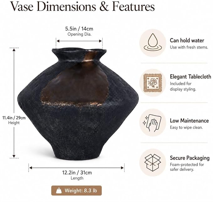 Wabi Sabi Rusty Vintage Vase, 11.4" Tall Wabi Sabi Decor Rustic Farmhouse Pottery Vase for Centerpiece, Textured Pottery Flower Vases for Home Decor, Table, Living Room, Bathroom, Kitchen (11.4 in)