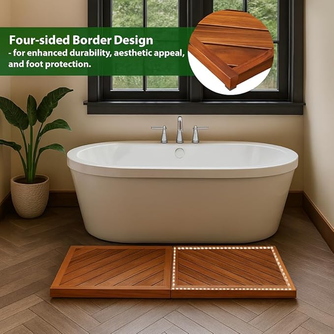 Teak Wood Bath Mat for Bathroom - (33" x 16.5") Anti Slip Square Shower Mat Wooden Floor Mats for Outside Inside Shower Bathtub Luxury Spa Home or Outdoor
