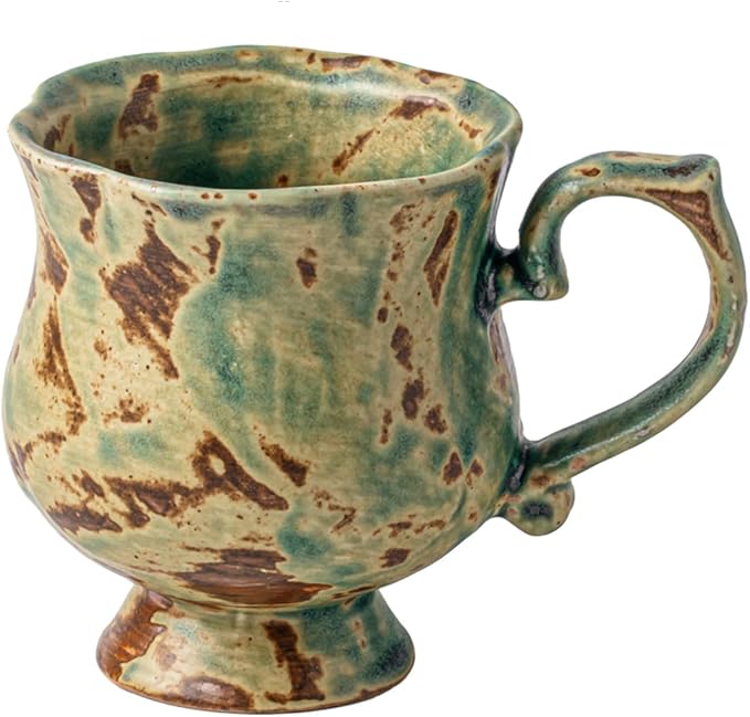10 oz Footed Ceramic Mug, Turquoise & Brown Glazed Coffee Cup, Rustic Handmade Tea Cup with Handle for Home Office, Dishwasher & Microwave Safe
