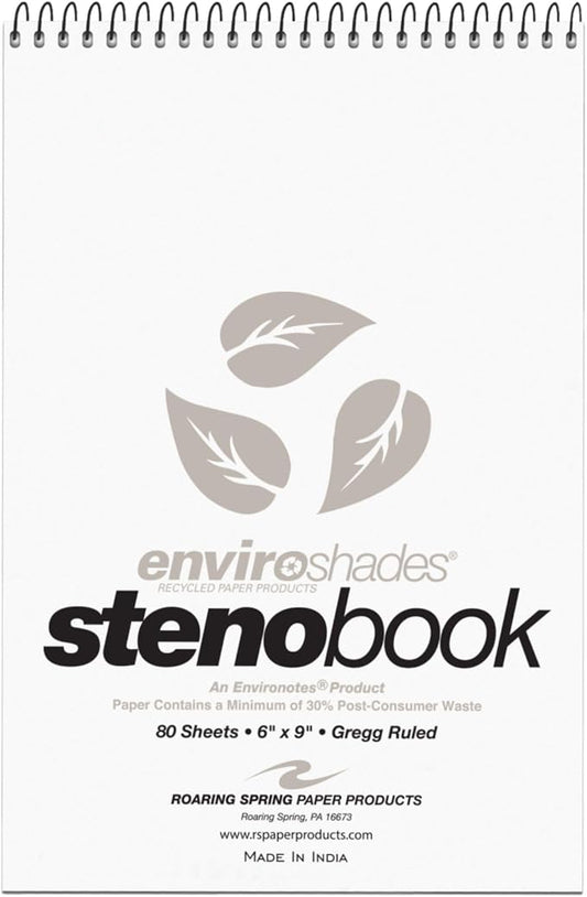 ROARING SPRING Enviroshades Colored Steno Books, 4 Pack of Memo Pads, Recycled Gray Paper, 6" x 9", 80 Sheets, Gregg Ruled, Perforated, Wirebound, Heavy Chipboard Back