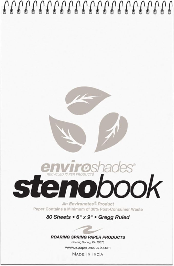 ROARING SPRING Enviroshades Colored Steno Books, 24 Pack of Memo Pads, Recycled Gray Paper, 6" x 9", 80 Sheets, Gregg Ruled, Perforated, Wirebound, Heavy Chipboard Back