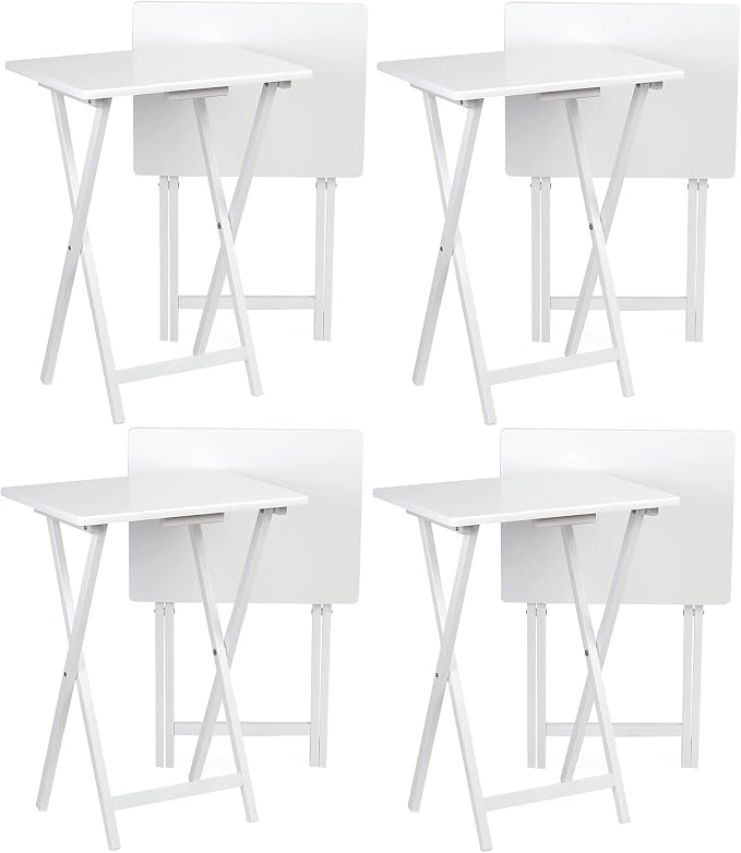 PJ Wood Conventional Solid and Sturdy Wood Construction Portable Folding TV Snack Tray Table Desk Serving Stand, White (8-Piece Set)