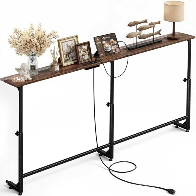 Faesun 70.9 Inch Behind Couch Table, 24"-32" Adjustable Height Range, Behind The Couch Table with Outlet, Adjustable Console Table, Narrow Long Sofa Table, for Living Room, Extra Deep, Walnut