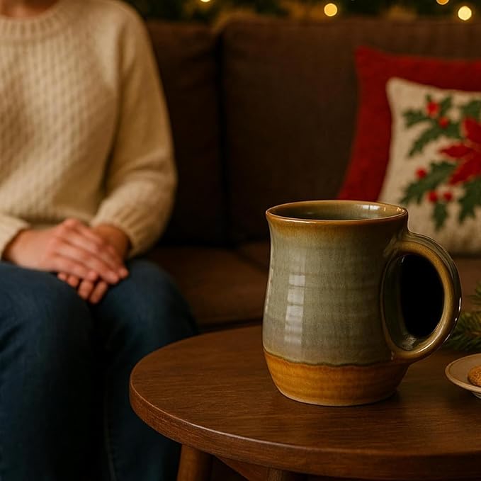 Hand Warmer Mug, Ceramic Pottery and Hand Painted & Colored - Contoured Pocket, Hold Warmth From The Heat Of Your Drink - Keep Your Fingers Warm, Comfy Handwarmer Gift, Winter Gifts - Right Handed