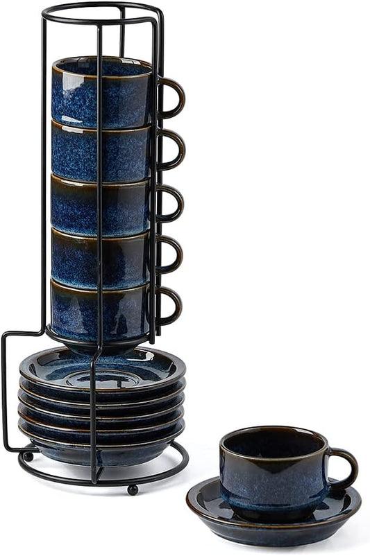 JIEMEI HOME Porcelain Stackable Espresso Cups with Saucers and Metal Stand,4 Ounce Demitasse Cups for Coffee Drinks, Latte, Tea - Set of 6, Stackable Espresso Mugs, Reactive Glaze, Bule