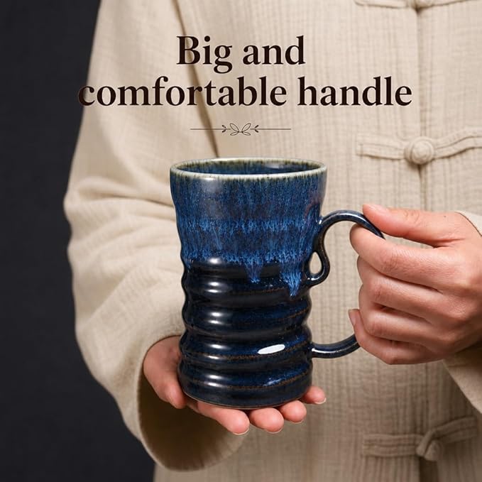 17oz Large Unique Cool Tall Handmade Ceramic Coffee Mug with Comfortable Big handle, Big Pottery Tea Mug, Artisanal Stoneware Coffee cup, Rustic Lead-free Tea Cups, Microwave safe,Black and Blue