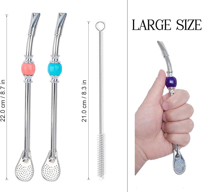 Premium Yerba Mate Straws - Reusable Stainless Steel Bombilla with Colorful Beads - Set for Mate Gourd Drinking, Removable Head Filter (Pink and Blue)