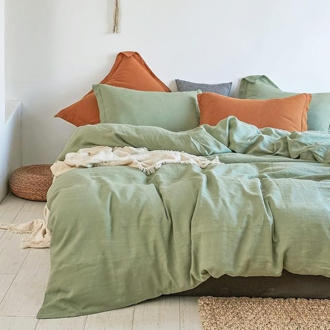Simple&Opulence 100% Linen Duvet Cover Set 2pcs Natural French Basic Style Washed Flax Solid Color Breathable Soft Farmhouse Bedding with Button Closure (Sage Green, Twin)