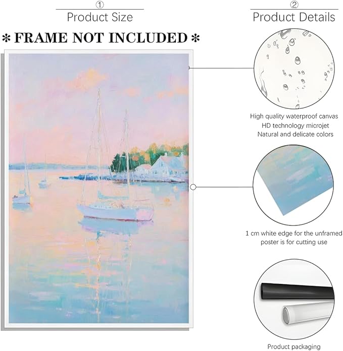 HUYKON Coastal Pink Wall Art Set of 3 Maximalist Ocean & Beach Landscape Canvas Poster Trendy Sailboats Flowers Sunset Painting Pastel Picture Prints for Bedroom Home Decor 16x24inch Unframed