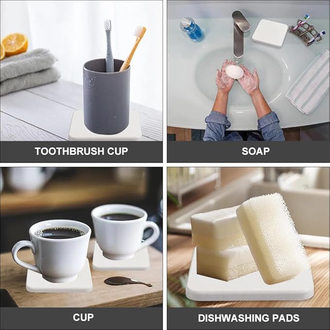 CREATCABIN 3Pcs Diatomite Soap Dish Holder Diatomaceous Earth Coasters 3.9 x 3.9 Square White Water Absorbent Quick Dry Toothbrush Bath Stone Mat Tray for Kitchen Counter Cups Drinks Bottles Plants