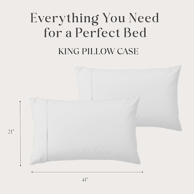 Delilah Home 100% Organic Cotton King Pillow Case, GOTS & Vegan.org Verified, Long Stem 300 TC Sateen Bedding, Non-Synthetic, Deep Pocket Fitted Linen, Lightweight, All-Season, 2 Pieces Set - White