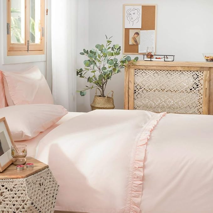 Simple&Opulence 100% Cotton Sheet Set Ruffle- 4Pcs (1 Flat Sheet 1 Fitted Sheet 2 Pillowcases) Bed Sheets Soft French Country Shabby Chic Vintage Bedding Set Aesthetic Farmhouse (Blush Pink, Queen)