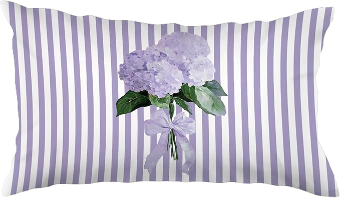 Cottagecore Purple Hydrangea Floral 12x20 Pillow Cover, Preppy Girly Lavender Bow Botanical Flower Purple Striped Decorative Lumbar Pillow Cover for Girls Room Dorm Bedroom Living Room Home