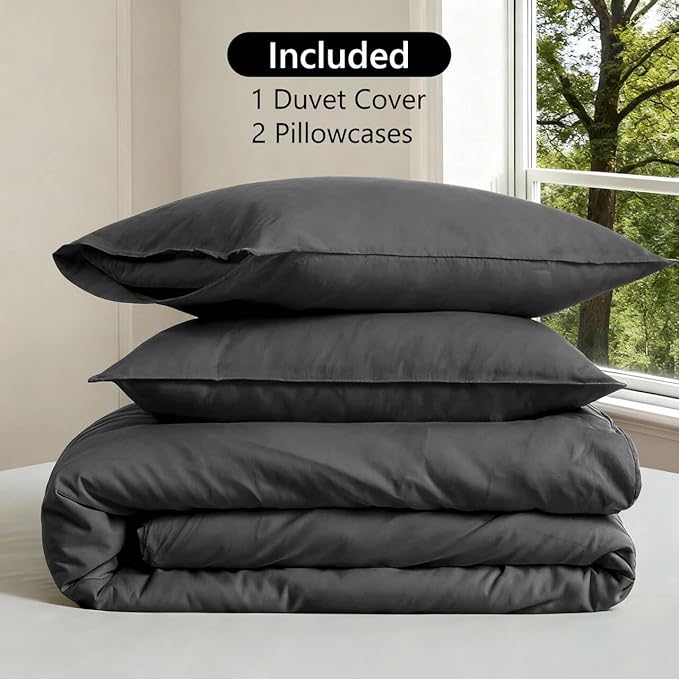 FALUCA French Linen Blend Duvet Cover Set 3Pcs King (104"x92") - Soft, Breathable, Cooling Farmhouse Bedding for Hot Sleeper (King, Dark Grey)