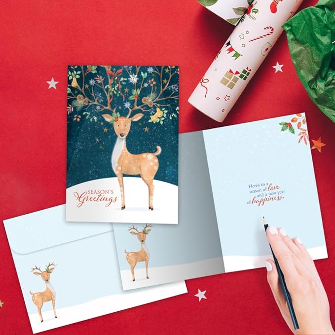 Tree-Free Greetings - Season's Greeting Card - Artful Designs - 1 Card + Matching Envelopes - Made in USA - 100% Recycled Paper - 5 x 7 - Spread Cheer Deer (VO80680)
