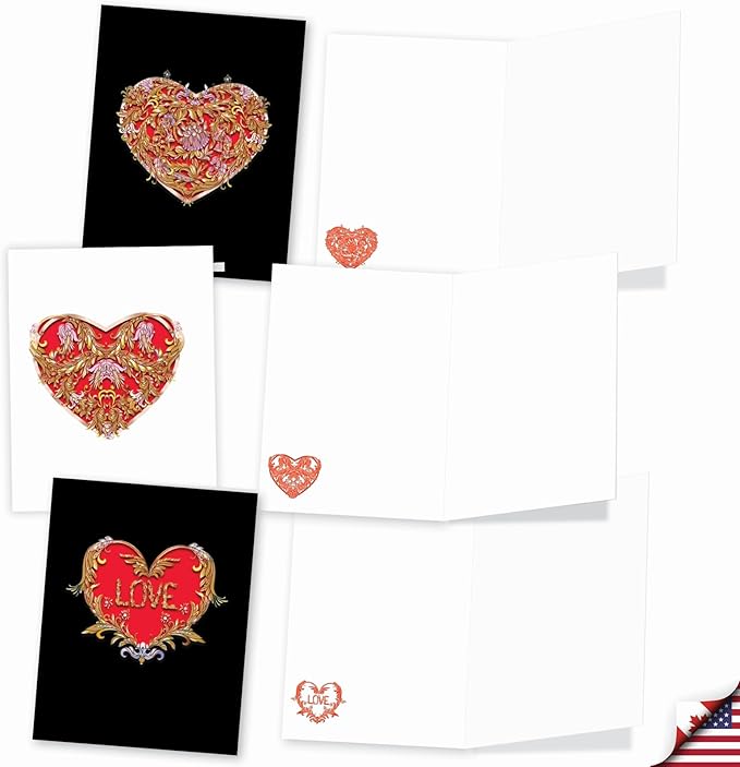 The Best Card Company - 20 Cute Boxed Cards (4 x 5.12 Inch) - Assorted Blank Set (10 Designs, 2 Each) - Baroque Hearts AM8999OCB-B2x10