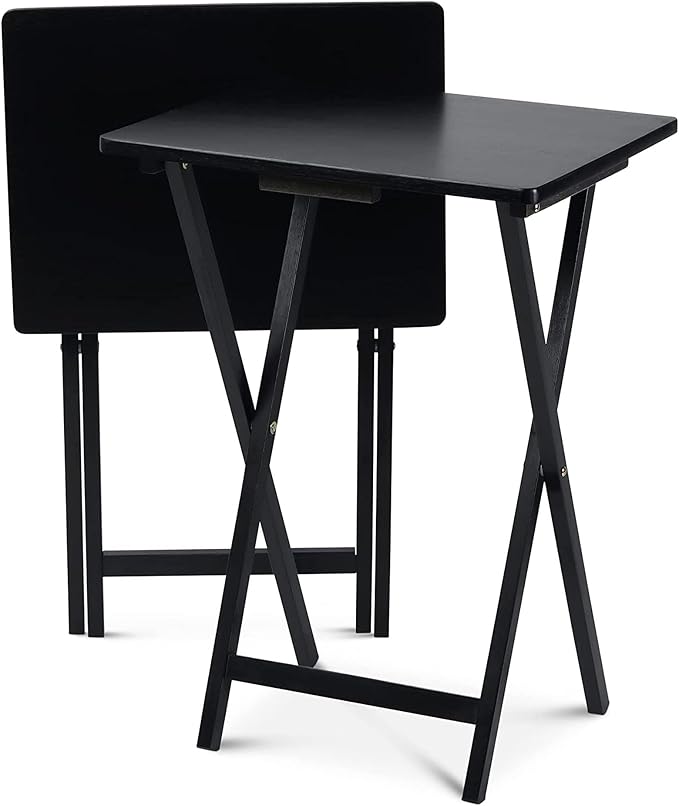 PJ Wood 2-Pack Folding TV Tray Set, Black - Collapsible Portable Snack Serving Tables, Home Furniture for Living Room, Bedroom, and Kitchen