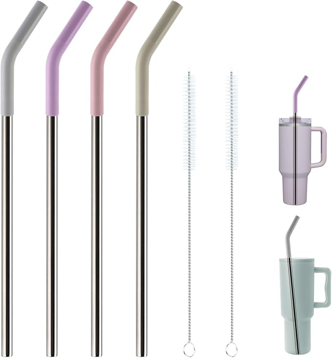 Replacement Straws for 40oz Tumblers,Metal Straws Reusable Compatible with Stanley 40oz Cup, 40 oz Tumbler Straw,4 Pack 12" Extra Long,3" Wide, Stainless Steel Straws with Silicone Tips and Brush