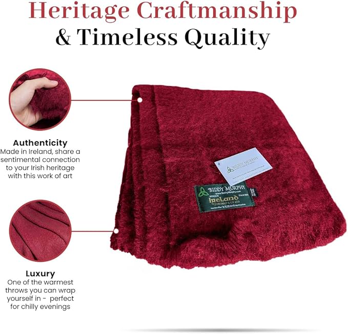 Biddy Murphy Ultra Soft Irish Mohair & Wool Throw Blanket, Made in Ireland, 54"x72", Solid Red