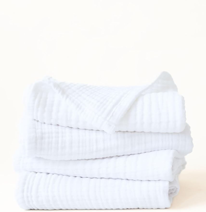 Muslin Hand Towels Pack of 4, Luxury 100% Turkish Cotton Thin Soft Quick-Dry Lint-Free Large Size Bath Hand Bathroom Towel Sets (White, Pack of 4 Hand Towels)