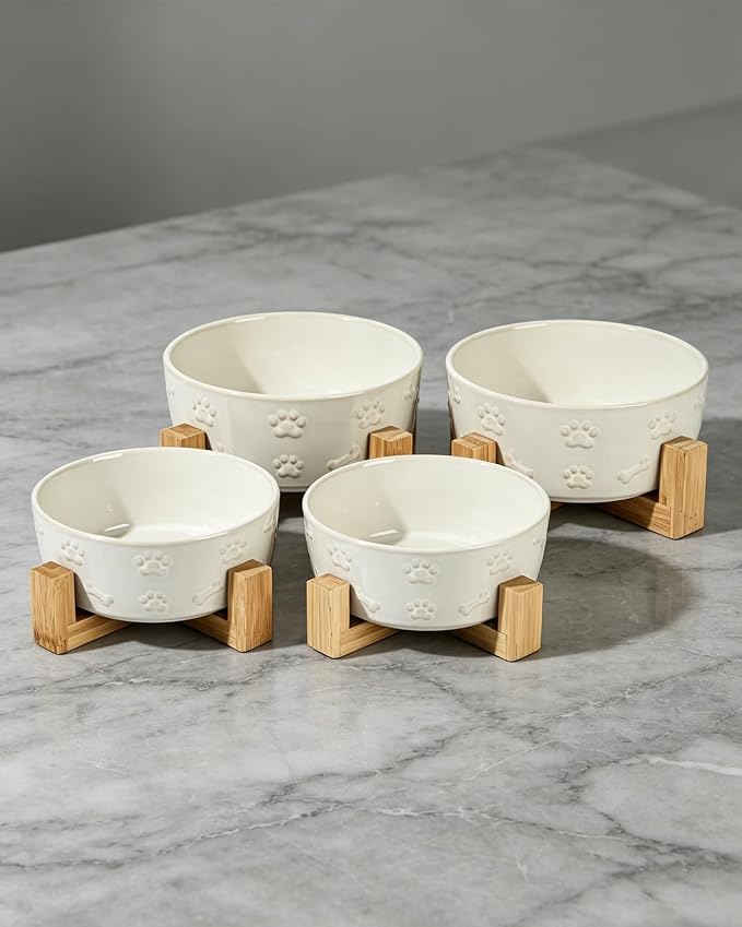 Small Dog Bowls with Stand, 5.5 inch Ceramic Dog Food Water Bowl Set for Small Dogs Puppy Cats Pet Feeding Dish, White with Cute Pattern