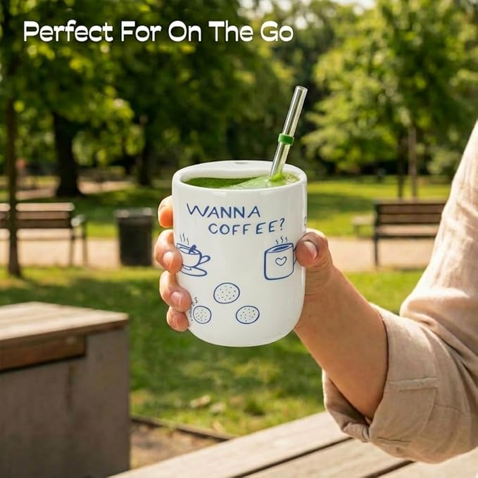 Ceramic Travel Mug with Half Lid, Funny Blue Pattern Ceramic Coffee Mug with Sip Hole, 12oz Ceramic To Go Cup, Unique Gift for Coffee Tea Lovers