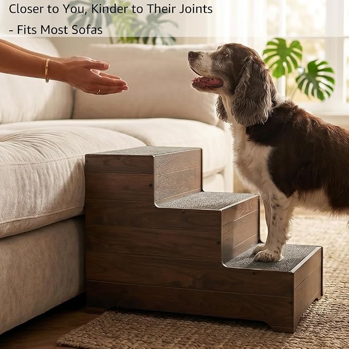 beeNbkks Dog Stairs Furniture, Extra Wide Wooden Pet Steps for Medium Large Dogs and Cats, Non-Slip Pet Ladder for Elderly Injured Pets Short Legged Puppy to Reach Couch Sofa High Bed Windowsill