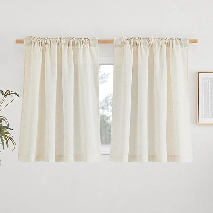 NICETOWN Natural Linen Kitchen Curtains 36 inches Long, Retro Rod Pocket & Back Tab Semi Sheer Privacy Added Window Treatments Light Filtering Drapes for Cafe, W42 x L36, 2 Panels