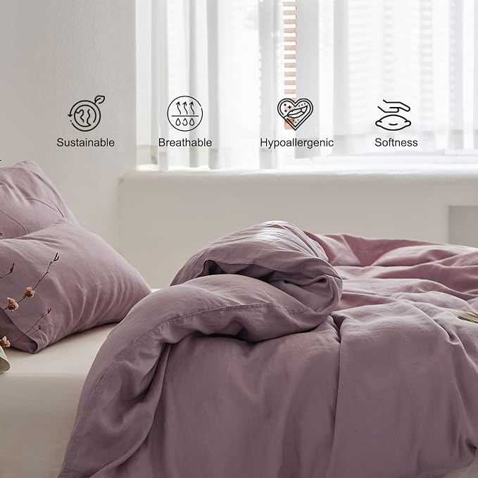 TOSMO Linen Duvet Cover Set, 100% French Flax Natural Linen Bedding 3pcs Set, Soft Breathable for Hot Sleepers 1 Duvet Cover and 2 Pillowcases (Light Lilac, Queen)