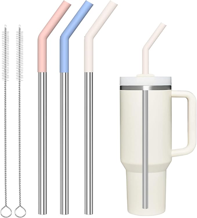 HEYSKAY 3pc Replacement Straws Reusable for Stanley Tumbler 40oz 30oz Metal Replacement Straws with Silicone Tips and Cleaning Brushes