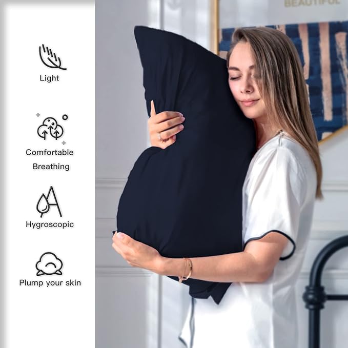 Mulberry Silk Pillowcase for Hair and Skin Standard Size 20"X 26" Pillow Case with Hidden Zipper Soft Breathable Smooth Cooling Silk Pillow Covers for Sleeping (Navy Blue,Standard,1Pcs)