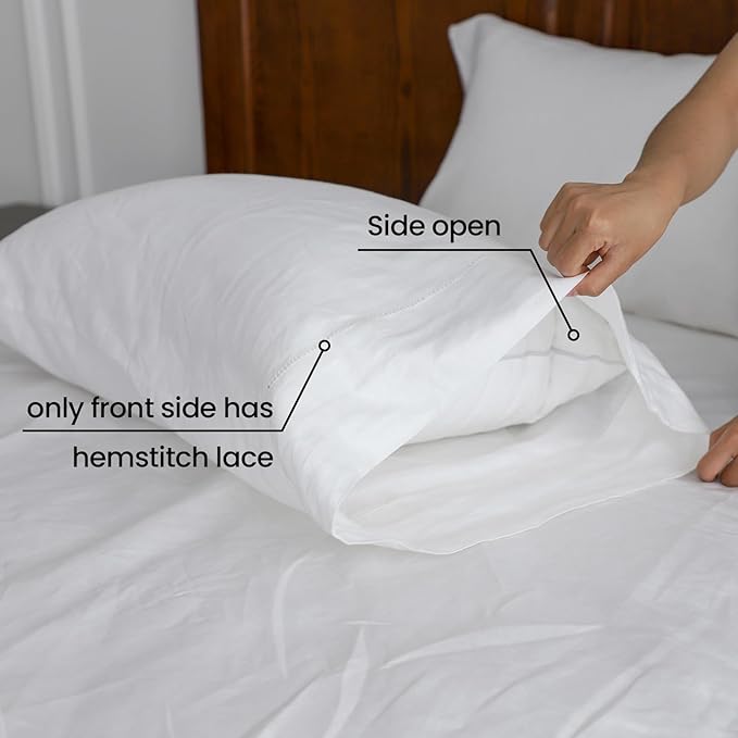 100% French Linen Pillowcases with Handmade Hemstitch Lace - Pack of 2 - Washed Solid Color Natural Flax Soft Breathable - White, 20'' x 30''