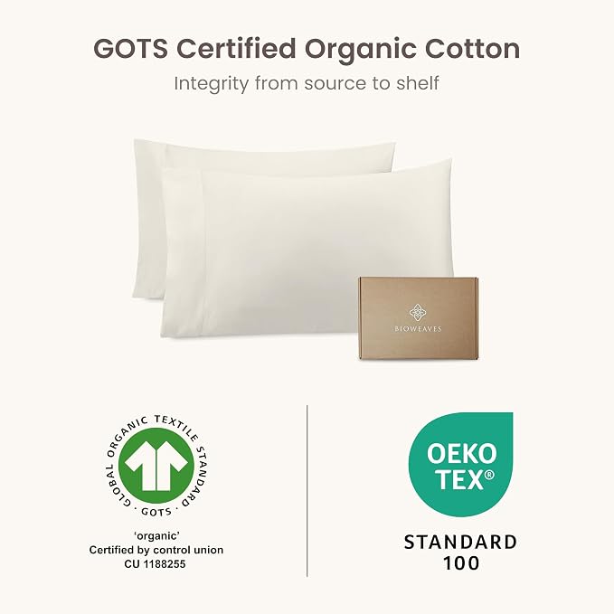 Bioweaves 100% Organic Cotton King Pillow Cases 300 Thread Count Soft Sateen Weave GOTS Certified – King Size, Set of 2, Cream
