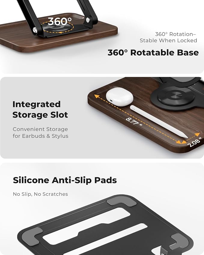 SupeDesk Adjustable Laptop Stand with 360° Rotating Base, Ergonomic Laptop Riser for Desk, Ventilated Notebook Stand with Storage Tray, Wood Base & Silicone Pads for Laptops, Tablets & Books