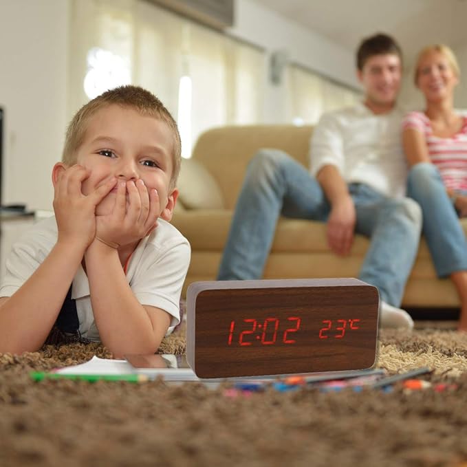 Wooden Digital Clock Multi-Function LED Alarm Clock with Time/Date/Temperature Display and Voice Control for Home Office Travel - AC11Brown_Red