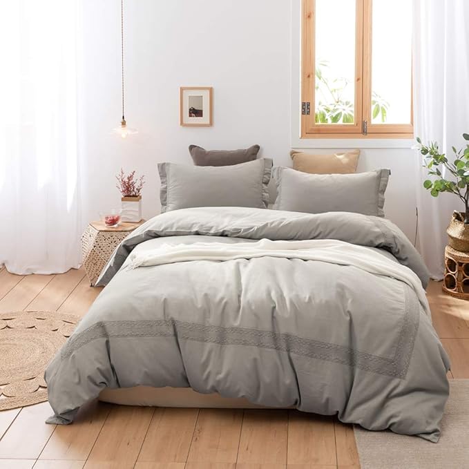 BISELINA Linen Duvet Cover Set 3pcs French Vintage Crocheted Lace Flax Cotton Blend Solid Color Shabby Chic Boho Luxury Farmhouse Bedding (King, Lace Grey)