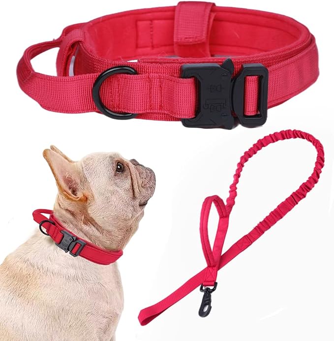 Tactical Dog Collar and Leash Set Adjustable Military Nylon Dog Collar with Control Handle and Heavy Duty Metal Buckle for Large Dogs（Red S