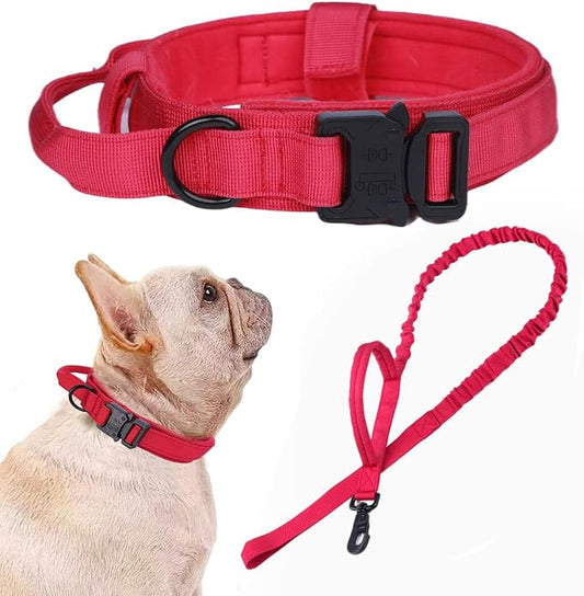 Tactical Dog Collar and Leash Set Adjustable Military Nylon Dog Collar with Control Handle and Heavy Duty Metal Buckle for Large Dogs（Red S