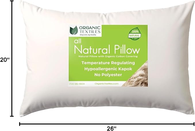 ORGANIC TEXTILES Natural Kapok Pillow with 100% Organic Cotton Cover, (Standard Size), GOTS Certified, Adjustable Loft, Cooling and Breathable, Back, Side, and Stomach Sleeper