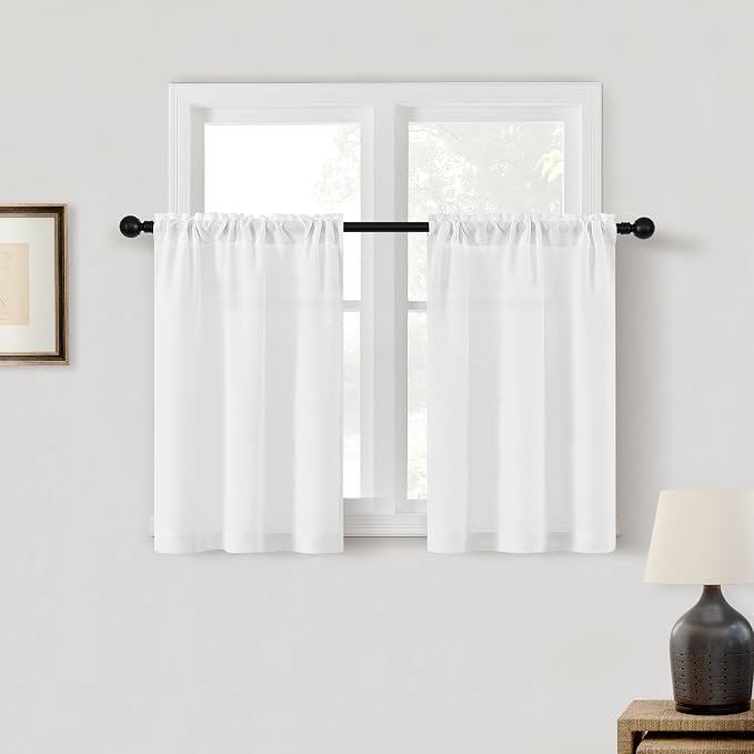 Short Linen Curtains 24 Inches Length for Kitchen Cafe Bathroom 2 Panels Dual Rod Pocket Privacy Semi Sheer Window Drapes Light Filtering White Small Curtains for Camper RV W25xL24