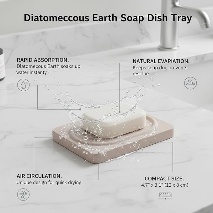 Diatomaceous Earth Soap Dish, Porous Stone Bar Soap Holder for Bathroom Sink & Counter, 4.7 x 3.1 Inch Tray