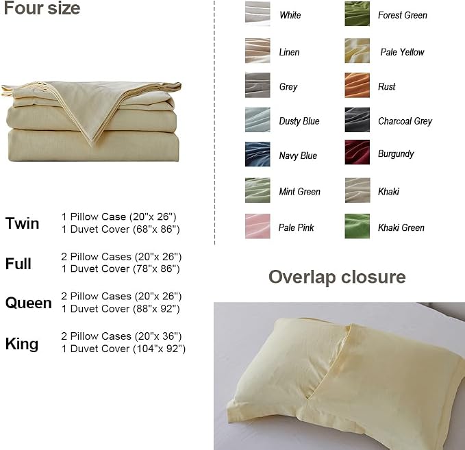 Simple&Opulence French Linen Duvet Cover Set - Full Size(78" x 86")- 3 Pieces (1 Comforter Cover,2 Pillowcases)- Natural Flax Cotton Blend-Solid Color Breathable Farmhouse Bedding-Pale Yellow