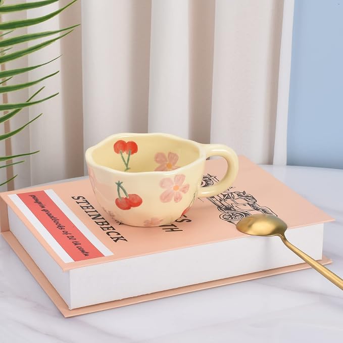 Koythin Ceramic Coffee Mug, Creative Flower Cup for Office and Home, Dishwasher and Microwave Safe, 8.5 oz/250 ml for Latte Tea Milk, Suitable for Mom on Mother's Day (Pink Cherry)